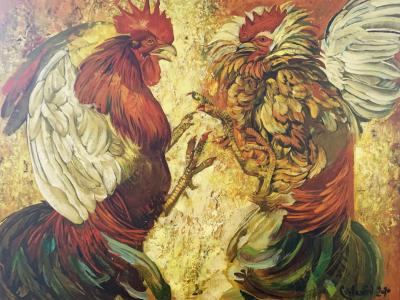 Cvetelin Cvetanov, Kohúti zápas, olej na plátne, 70x50 cm, nepredajné