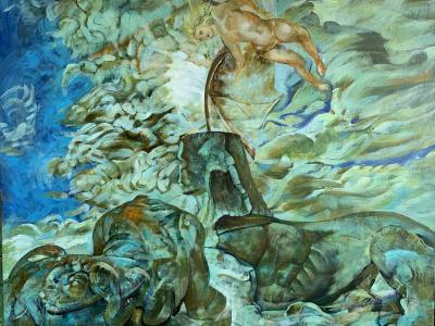 Cvetelin Cvetanov, Strážci vesmíru 2, olej na plátne, 120x100cm, 3500 EUR