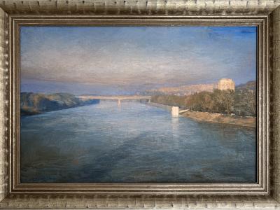 SVETOZÁR KOŠICKÝ, BRATISLAVA - POHĽAD NA MOST LAFRANCONI Z MOSTA SNP, 2003, OLEJ NA PLÁTNE, 70X50 CM, 1.400 EUR