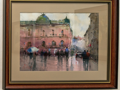 László Pomothy, Po daždi, Akvarel v ráme, cca 50x40 cm, 430,- EUR