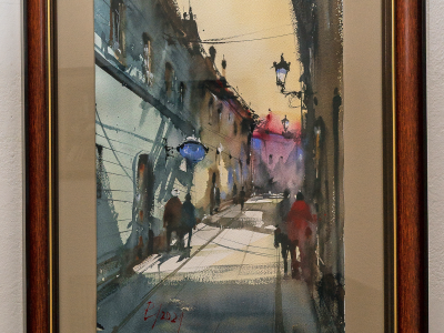 László Pomothy, Prechádzka - Eger, Akvarel v ráme, cca 50x40 cm, 380,- EUR