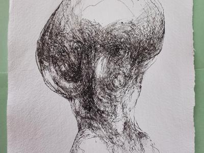 LUBO GUMAN, Niečo sa mi rodí v hlave, kresba, tus, ručný-hodvábny papier, 40×30cm, 600 EUR