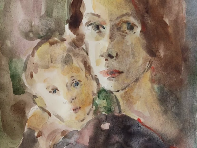 Mother and child, watercolor, pencil on paper, 2023, 210 EUR