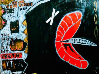 Roman Lazar, THE MONSTER OF MY YOUTH (2020, 90x90) Akryl, olejový pastel a koláž na dreve, 880 EUR